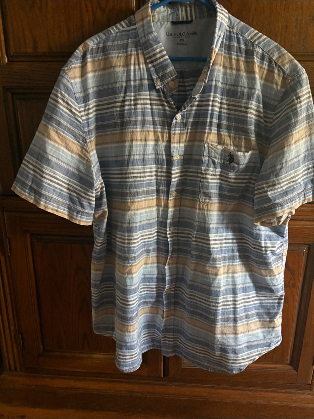 U.S. Polo Assn. Short Sleeve Button-Down Shirt - Blue & Tan Stripes